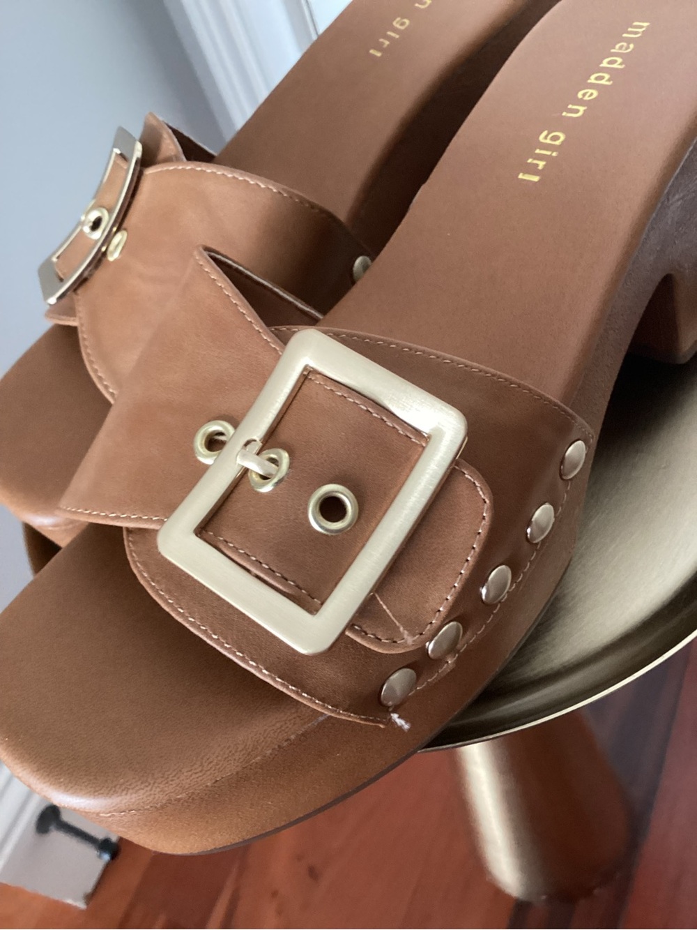 Madden Girl Tan Slide Sandals with Oversized Buckle - Picture 3 of 7
